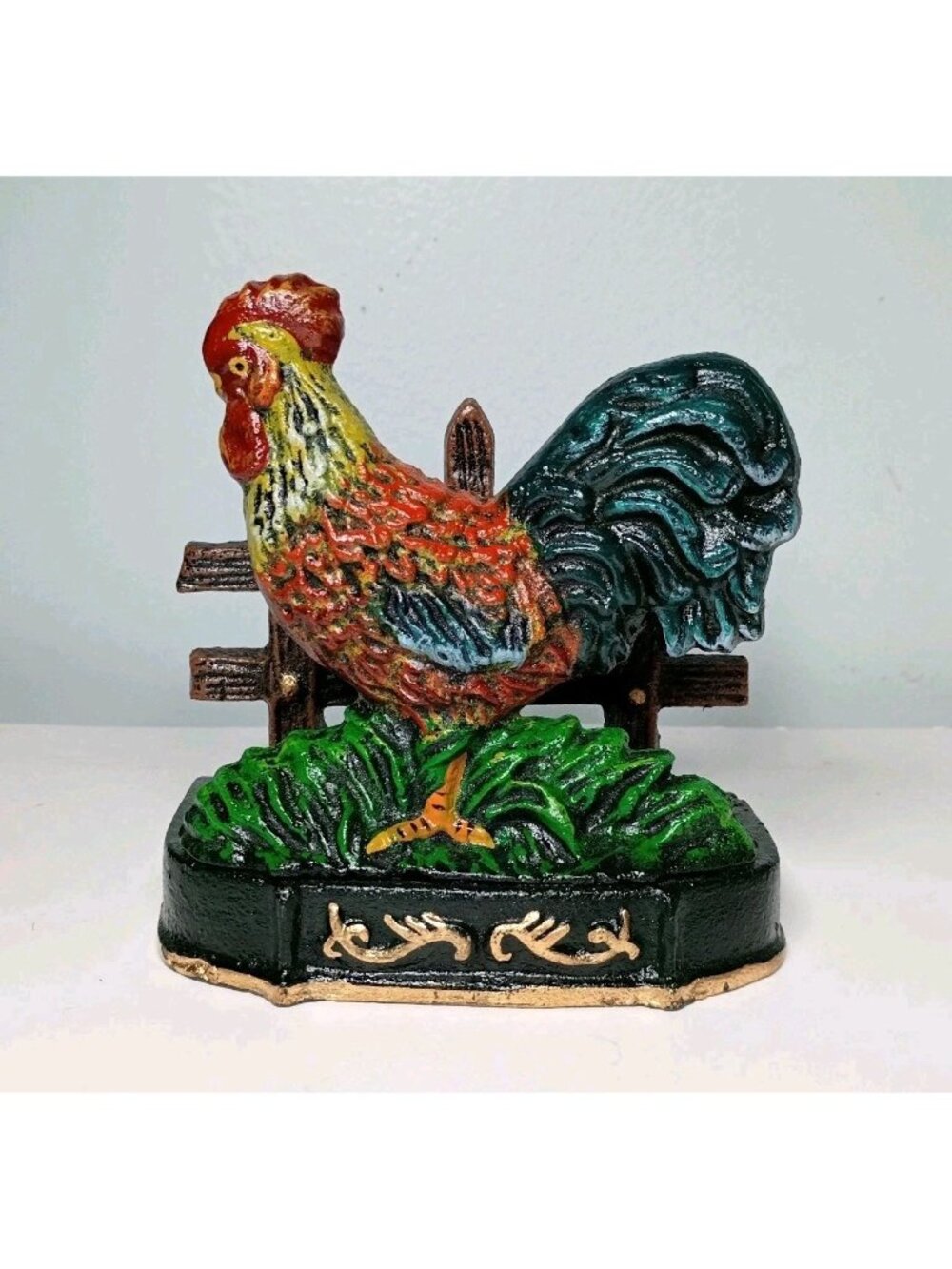 Vintage Handpainted Heavy Cast Iron Rooster Mail or Letter Holder Farmhouse